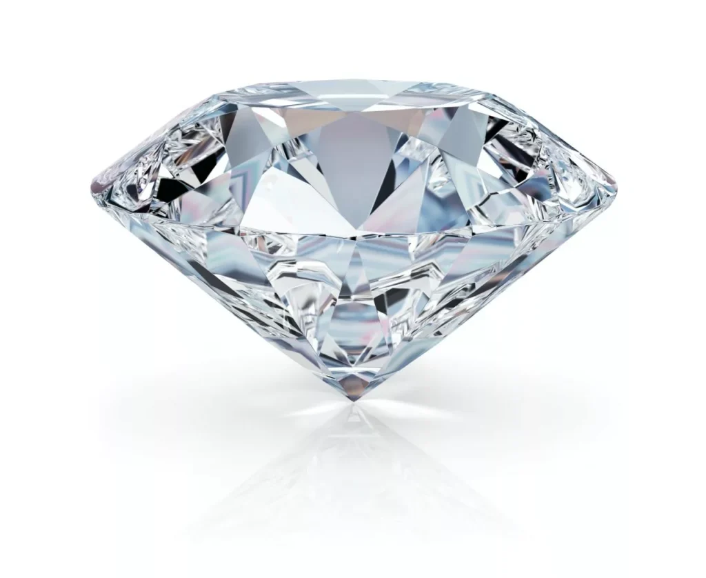 A beautiful sparkling diamond on a light reflective surface. 3d image. Isolated white background.